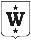 Svart og hvitt skjoldemblem med en stor bokstav "w" i midten flankert av to stjerner.